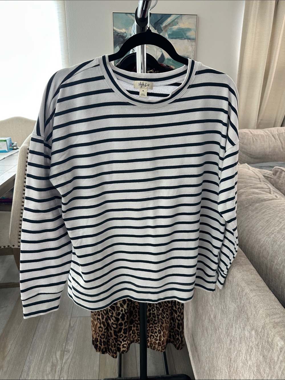 Style & Co. White and Black Striped Long-Sleeve Crew Top